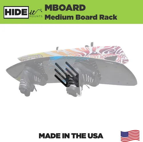 Vista 2 de HIDEit Mounts MBoard - Estante universal mediano fabricado en EE. UU., estante de pared horizontal de acero sumergido de goma, estante de wakeboard