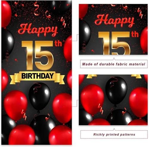 Vista 4 de Cartel de feliz cumpleaños 15 cumpleaños rojo y negro telón de fondo para cabina de fotos, globos de vítores a 15 años de edad, decoración temática
