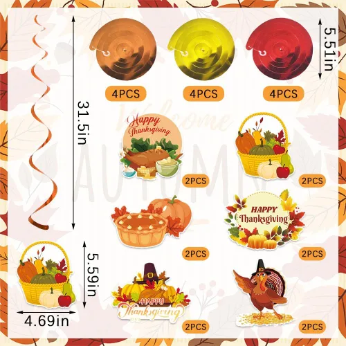 Vista 2 de 24 piezas de decoración de remolinos colgantes de otoño, decoración de techo colgante de Acción de Gracias, cesta colgante, pavo, calabaza, pastel