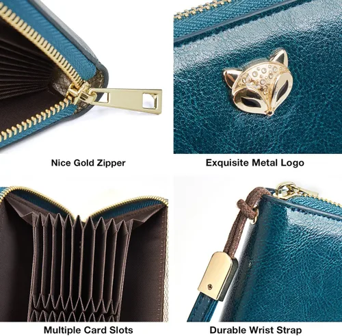 Vista 7 de FOXLOVER Carteras de cuero para mujer con bloqueo RFID pequeño y compacto tarjetero de crédito con bolsillo con cremallera Azul Classic