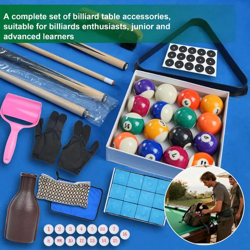 Vista 6 de Accesorios para mesa de billar, juego de bolas de billar, juego de palos de billar, incluye bolas, estante triangular, tacos, tiza, puntas