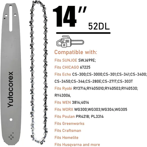 Vista 2 de Combo de barra guía de motosierra de 14 pulgadas y cadena - Accesorios de repuesto para SunJoe SWJ599E, SWJ699E, WORX WG305, Greenworks 20222, ECHO