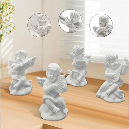 Vista 5 de Hoypeyfiy 4 mini figuras de ángel de querubín, estatuas de ángel pequeño de resina, esculturas de ángel músico para decoración de estantes, repisa