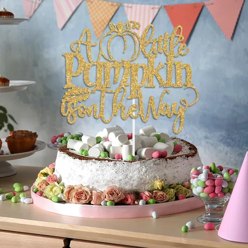 Vista 4 de Decoración para tartas con purpurina dorada "A Little Pumpkin is on the Way", dulce calabaza/calabaza Oh Baby/Little Pumpkin, decoración de fiesta