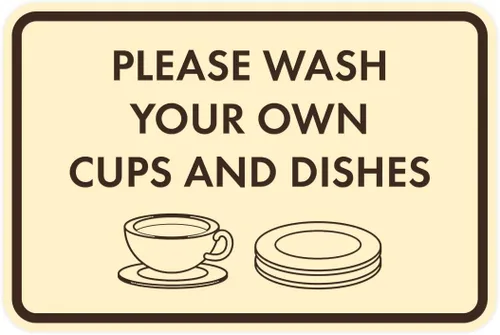 Vista 36 de Letrero clásico enmarcado con texto en inglés «Please Wash Your Own Cups and Dishes» (negro)