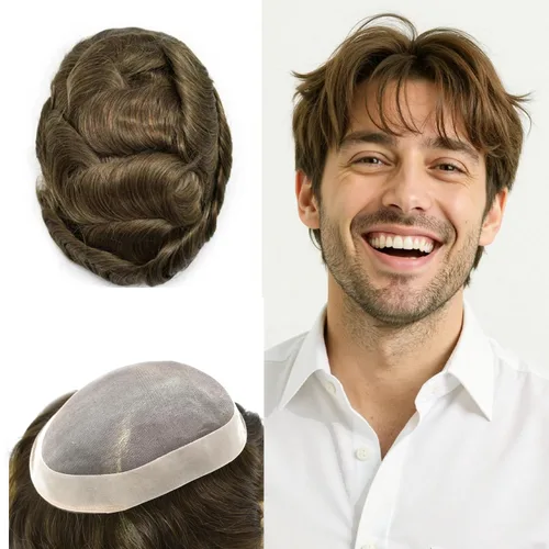 Vista 117 de Mens Toupee Hair Piece Real Human Hair Fine Mono Toupee para hombres Sistema de reemplazo de cabello para hombre Postizo Protesis Capilar Para