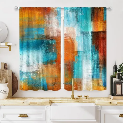 Vista 20 de MESHELLY Cortinas Rojas Abstractas 42Wx63H Pulgadas Bolsillo para Varilla Bloques Rústicos Borgoña Marrón Pintura al Óleo Casa de Campo Dormitorio