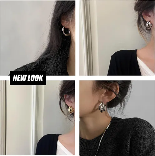 Vista 3 de Juego de 45 pares de aretes de aro dorados y plateados para niñas y mujeres, paquete múltiple de aretes colgantes de perlas gruesas trenzadas