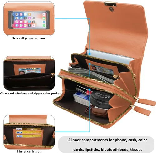 Vista 4 de CrossBody Bolsas con pantalla táctil para teléfono celular, bolsillo con cremallera, bloqueo RFID, tarjetero para iPhone para mujer