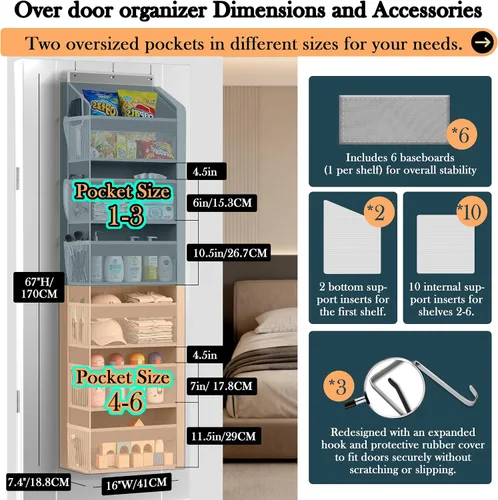 Vista 2 de PAULONE 1 paquete de organizador resistente para puerta, 6 grandes + 12 bolsillos de malla con capacidad de 40.4 kg, almacenamiento colgante que