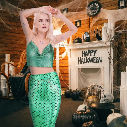 Vista 7 de Jiuguva 5 piezas de disfraz de sirena para mujer, falda de cadena metálica, estrella de mar, clip para el cabello, gel con purpurina para Halloween