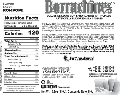 Vista 2 de Borrachines La Coculense Sabor Rompope 24pcs Caja 10.9oz sin alcohol Auténtico caramelo mexicano