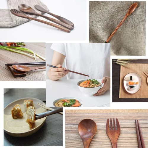 Vista 5 de Utensilios de madera reutilizables para comer, 8 piezas de cucharas de madera de viaje, tenedores, palillos, juego de cubiertos con estuche