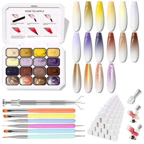Vista 11 de Esponjas Pat Paleta de Esmalte de Uñas en Gel, 16 Colores Mezclado Degradado Ombré Esmalte en Gel Dando Toques Pintura Degradada Arte de Uñas, Sin