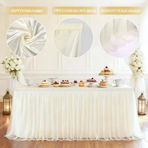 Vista 5 de Faldas de mesa de tul champán de 6 pies para cubiertas de mesas rectangulares, falda de mesa de tela tutú con volantes, 72X30.3'' mantel de tul
