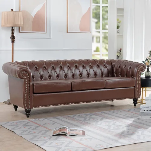Vista 12 de 84.65" Scroll Arms Chesterfield Sofa PU Leather 3 Seater Couch with Soft Seating Cushions, Modern Style 3-seat Sofa for Living Room Office Apartment