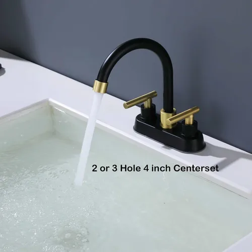 Vista 2 de Grifo de baño negro y dorado, 2 manijas de 4 pulgadas con drenaje desplegable, moderno fregadero de tocador de caravana de 2 o 3 agujeros de montaje