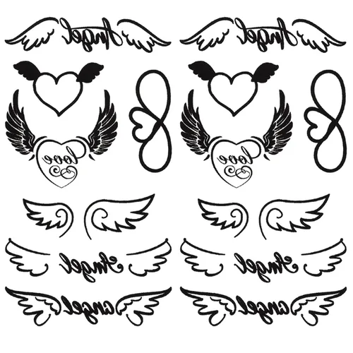 Vista 3 de Juego de 2 calcomanías de tatuaje temporal pequeñas, diseño de alas de corazón de ángel para mano, cuello, cara, muñeca, dedo, impermeable, falso