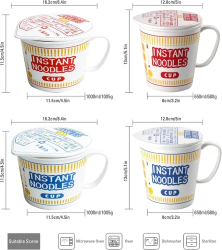 Vista 2 de Cuenco de fideos instantáneos de cerámica con tapa, taza creativa para sopa de ramen, cuenco para almuerzo para estudiantes (color azul, tamaño: S)
