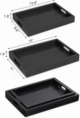 Vista 3 de Bandeja rectangular de madera de acacia negra con asas, juego de 2 (15 x 11 pulgadas y 13 x 10 pulgadas), bandeja grande para otomana, desayuno