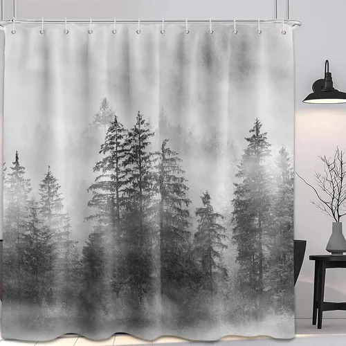 Vista 19 de Cortina de ducha estrecha para hombre, diseño de bosque negro y gris, para casa rodante, juego de decoración de baño, tela impermeable con ganchos