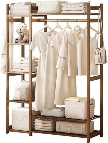 Vista 21 de Perchero de bambú con 5 estantes de almacenamiento para vestidos, zapatos y sombreros, carga máxima de 220.5 lbs, ideal para dormitorio