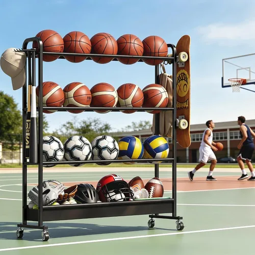Vista 6 de Estante de baloncesto ajustable con ruedas, carrito de almacenamiento de pelotas deportivas de 4 niveles para baloncesto, fútbol, voleibol, fútbol