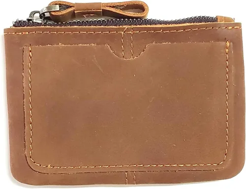 Vista 10 de Monedero de cuero genuino para mujeres y hombres, estilo vintage, cuero de grano de vacuno, delgado, minitarjetero con cremallera de metal con asa