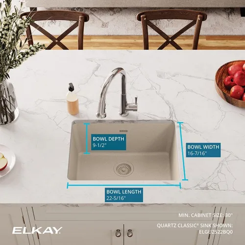 Vista 4 de Elkay Fregadero de montaje inferior, de una cavidad, clásico de cuarzo, ELGU2522BQ0 Bisqué Beige