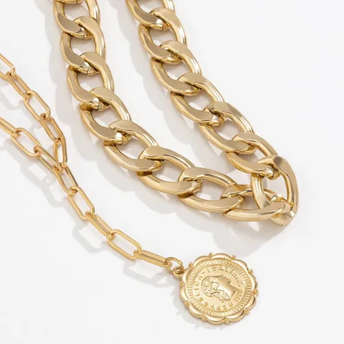 Vista 3 de JWICOS Collar grueso cubano bohemio dorado en capas delicado clip con colgante de moneda gargantilla para mujeres y niñas dorado