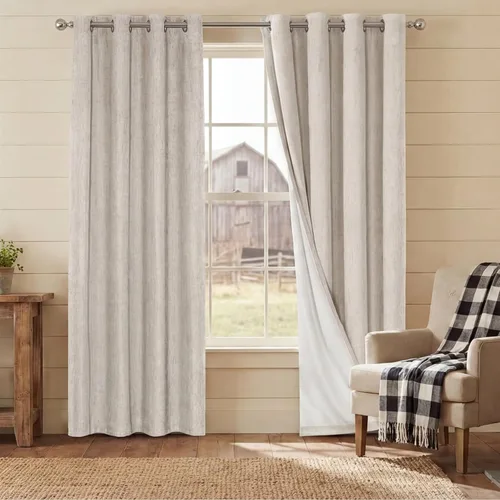 Vista 47 de Cortinas con textura de lino 100% opacas de 64 pulgadas de largo, juego de 2 paneles de cortinas de lino opacas con forro aislante térmico que Arena