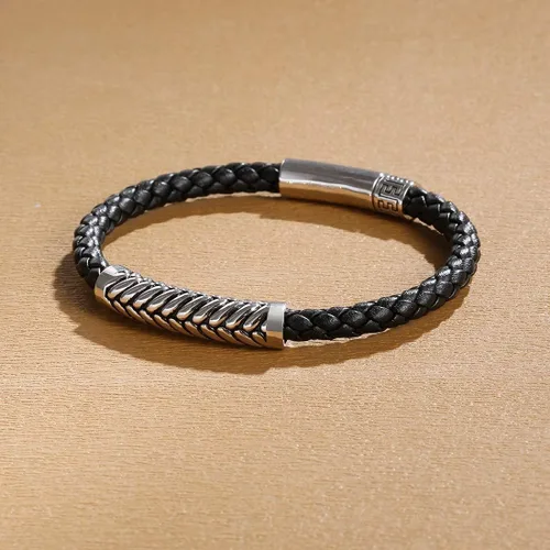 Vista 2 de FANCIME Footmark 925 Sterling Silver Herringbone Pattern Genuine Mens Leather Bracelet Braided Rope Spiritual Energy Charm with Push Button Locking