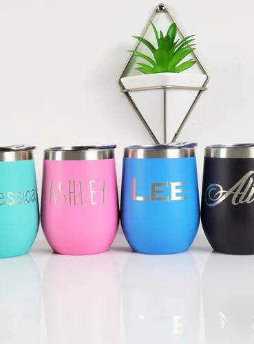 Vista 5 de Vaso de vino grabado personalizado con tapa, copa de vino personalizada de acero inoxidable sin tallo
