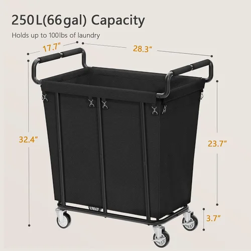 Vista 3 de Cesta de lavandería con ruedas, cesta de lavandería mediana de 250 litros para almacenamiento de ropa, carrito de lavandería resistente con asa Negro
