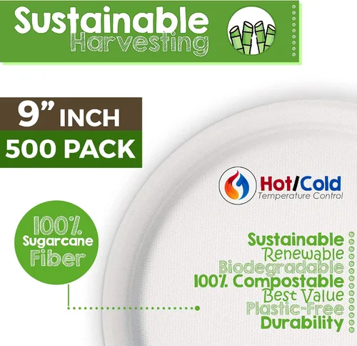 Vista 2 de Green Earth Platos de papel compostables de 9 pulgadas, paquete de 500 aptos para microondas