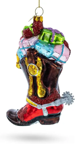 Vista 3 de Bota vaquera occidental con regalos - Adorno navideño de vidrio soplado