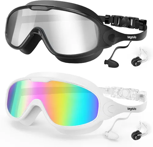 Vista 10 de VegoVia Gafas de natación para adultos, 2 unidades, antiempañamiento, vista amplia de 180°, protección UV, para piscina, para adultos, jóvenes