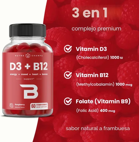 Vista 5 de NutraChamps Vitamina D3 y B12, Gomitas de Metil B12 para Adultos y Niños, Enriquecidas con Vitamina D 3 y Folato de Vitamina B9, Energía Natural