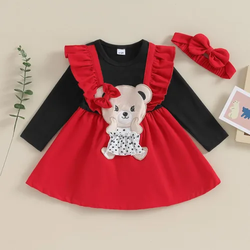 Vista 2 de Trajes de Navidad para niñas pequeñas, vestido de manga larga, falda vintage de encaje de una pieza, vestido de fiesta de terciopelo rojo, vestido