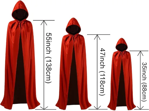 Vista 22 de OurLore Disfraz reversible de capa para fiesta de máscaras, Halloween, Navidad, color negro y rojo (35 pulgadas, con capucha)