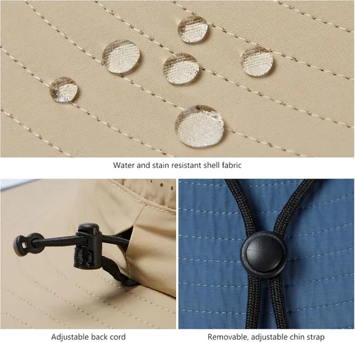 Vista 5 de Sombrero de cubo de sol con ala plegable UPF 50+ resistente al agua con malla perforada láser ajustable para hombres y mujeres al aire libre Caqui