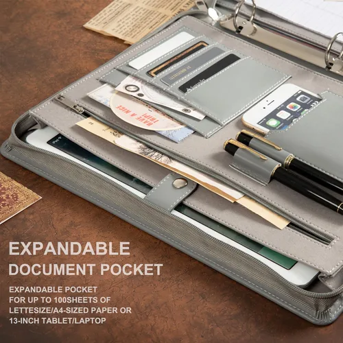 Vista 4 de AZXCG Carpeta de cuero con 3 anillos para mujeres y hombres, organizador de carpetas de negocios de cuero vegano con cremallera, soporte para bloc