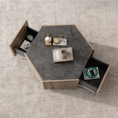 Vista 2 de Mesa de centro de madera de 31.82 pulgadas con almacenamiento, mesas de centro modernas de mediados de siglo con cajón, mesa auxiliar rústica