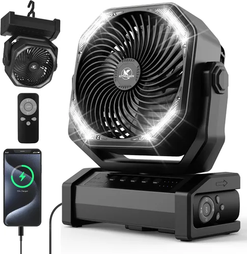 Vista 10 de KITWLEMEN - Ventilador de camping con luz - Ventilador recargable de 20,000 mAh con batería, tiempo máximo de funcionamiento de 60 horas, 4