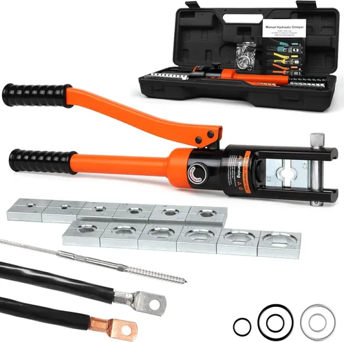Vista 15 de Brileine Herramienta de prensado hidráulico de 10 toneladas con 9 troqueles, herramienta de crimpado de cable de batería y herramienta de engaste