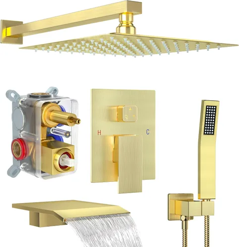 Vista 17 de Sistema de ducha dorado cepillado con cabezal de ducha de lluvia de 10 pulgadas y boquilla de bañera cUPC-certified pressure balance brass valve