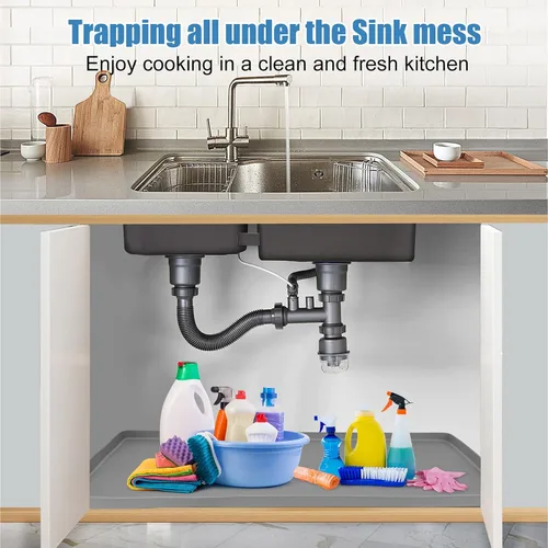 Vista 2 de Tapetes para debajo del fregadero de cocina impermeables, 19" x 19" forro de silicona para debajo del fregadero, tapetes protectores de gabinete