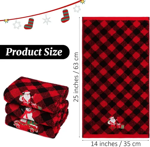 Vista 2 de MCEAST Paquete de 3 toallas de mano navideñas de 14 x 25 pulgadas, toallas de algodón bordadas, toallas de baño navideñas rojas y negras a cuadros