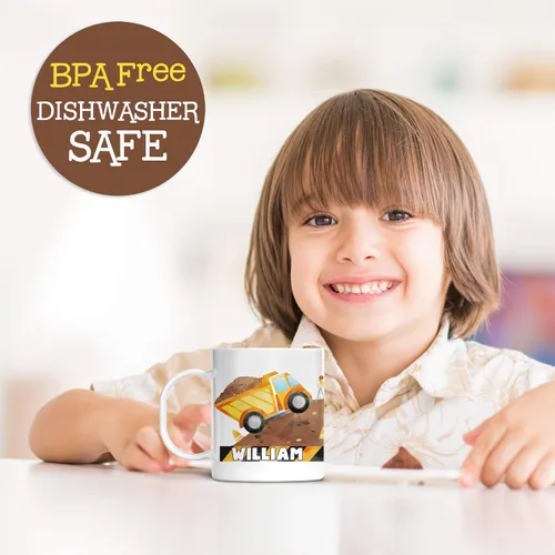 Vista 2 de Taza personalizada de los niños del camión de la construcción con el nombre, polímero ligero
