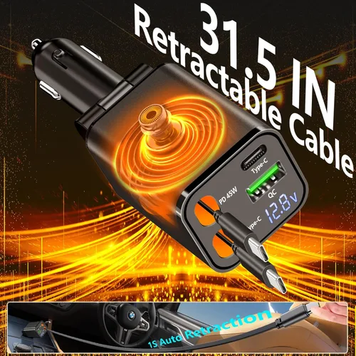 Vista 5 de Cargador retráctil certificado MFi de Apple, cargador de coche de 120W PD Bronce negro